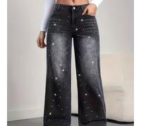 TEMU Jeans da donna a larga con strass scintillanti - Jei in denim elasticizzato a vita con chiusura a bottoni, vestibilità casual per tutte , jeans a vita