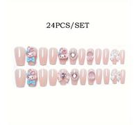 TEMU Kit Manicure Sanrio Kawaii Hello Kitty Melody - Tonalità Morbide Miste, Forma a di Media Lunghezza, Finitura Cartoon, Unghie Adesive