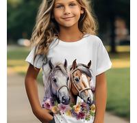 TEMU Maglietta a Maniche Corte con Stampa 3D per Ragazze - Top Estivo Casual con Scollo e Cavallo al , Lavabile in Lavatrice per Lezioni di Equitazione, e Abbigliamento Casual (Non-)