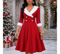 TEMU Questo abito da donna a V per l' e l'inverno bordi sfrangiati, maniche a tre , una gonna a e bottoni a riga che mettono in la vita, rendendolo per festive come Natale e Capodanno.