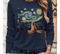 TEMU Questo top a maniche lunghe da donna è realizzato in puro e un . Il un design di un gatto che guarda il cielo e una città che la ' ' di Van Gogh, trasmettendo un' . È realizzato al 100%