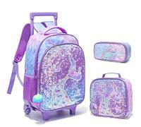 TEMU Set da 3 pezzi con valigia trolley, e borsa per la scuola per studenti, motivo con paillettes, borsa da viaggio organizer a , non per contatto con alimenti