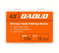 TEMU Set di 10 ami da pesca tripli in misure 8#, 6#, 4#, 2#, 1#, 1/0, 2/0 e 3/0, ideali per catturare pesci di taglia grande come , spigole, salmoni e spigole