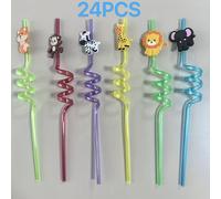 TEMU Set di 24 cannucce con animali della foresta - Leone, Zebra, , , Elefante, Volpe - Articoli per feste a tema , riutilizzabili