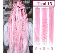 TEMU Set di extension per dreadlock miste da 24 pollici, (3 in 1) 15 ciocche sintetiche a capo singolo, stile dreadlock hippie rosa da festa per