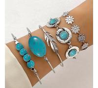 TEMU Set di gioielli retrò verde con malachite intarsiata, catena da donna a 5 pezzi con piume e fiori in stile adatta a tutti gli abiti