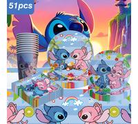 TEMU Set e , 51 pezzi Set di Posate a Tema Disney Stitch e per Festivi, Inclusi di Carta, Tovaglioli, Tovaglia e Bicchieri , per di Stoviglie.