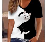 TEMU T-shirt da donna ed elegante con scollo maniche corte, caratterizzata da una di un gatto e ispirato al Tai Chi