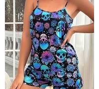 TEMU Un completo da pigiama con sfumato e stampa con in pizzo, per Halloween. un top corto senza spalle con scollo e shorts, progettato per un vestibilità e , come abbigliamento da estivo.