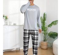 TEMU Un completo due pezzi composto da una camicia a maniche lunghe con stampe di lettere e pantaloni lunghi a quadri, progettato come abbigliamento da casa
