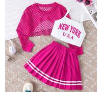 TEMU Un set di tre completini estivi da , composto da un top in mesh con stampa di lettere e una gonna plissettata, per le uscite e come idea regalo per le studentesse