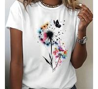 TEMU ! Una T-Shirt con un Stampa di e Dente di Leone e Vivaci, per Donne, Perfetta per Abbigliamento Casual Outdoor con un Scollo