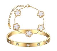 TenaLucy 2 Pezzi Bracciale A Forma di Trifoglio,Braccialetto Portafortuna da Donna Parure Gioielli Donna Bracciale Quadrifoglio Porta Super Fortuna Set di Gioielli, per Regali Amicizia (Bianco+Oro)