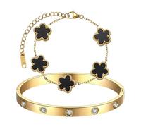 TenaLucy 2 Pezzi Bracciale A Forma di Trifoglio,Braccialetto Portafortuna da Donna Parure Gioielli Donna Bracciale Quadrifoglio Porta Super Fortuna Set di Gioielli, per Regali dis Amicizia (Nero+Oro)