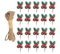 TenaLucy 20 Pezzi Rami di Pino Artificiale di Natale con 20M Corda, Rami di Pino con Coni di Larice Etbacche Rosse, Bacche Rosse Natale Decorazioni per Decorazione Invernale Fai da Te
