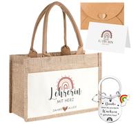 Tenare 4 Pezzi Set di Regali di Ringraziamento per la Festa degli Insegnanti Borsa in Iuta per Insegnante Portachiavi in Metallo Inciso Biglietto Arcobaleno e Busta per Addio Educatore Laurea Scuola