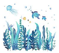 Tenare 5 fogli di adesivi da parete a forma di tartaruga marina oceanica sotto il mare, erba, medusa, pesce, decalcomania rimovibile in vinile per camera da letto, bagno, cameretta dei bambini