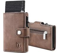 TENBST Portafoglio Uomo Slim, Piccolo Pelle Portamonete, RFID Porta Carte di Credito Uomo, Portatessere Anticlonazione con Bottone, Marrone, Box Regalo