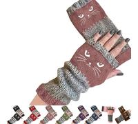 Tencipeda Cat Fingerless Gloves, Knit Thick Warm Winter Gloves With Cat Face Designs Essential for Winter Travel (Khaki)