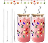Tencipeda Christmas Color Changing Glass Cup with Lid and Straw Holiday Party Cups Fun Xmas Coffee Cup Cute Birthday Gift for Her or Friends (2 sets)