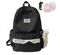 Tencipeda Coquette Backpack Light Yellow Lace Backpack With Bow Accessories, Cute Kawaii Daypack For Laptop, Polka Dot Design (Black)