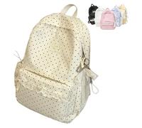 Tencipeda Coquette Backpack Light Yellow Lace Backpack With Bow Accessories, Cute Kawaii Daypack For Laptop, Polka Dot Design (White)
