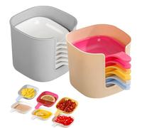 Tencipeda Dipping Sauce Plate and Holder Set (6 Pcs), Space-Saving Mini Sauce Dishes with Handle for BBQ, Sushi, Parties - Dishwasher Safe Sauce Bowls for Home, Restaurant & Cafe (Rainbow+White)