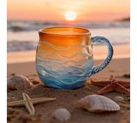 Tencipeda Golden Tide Mug, Handcrafted Sea Glass Ocean Wave Mug 12oz, Unique Sunset Frosted Glass Cup, Coastal Beach Theme Drinkware for Coffee Tea Wine, Gift for Ocean Lovers (Sunset)