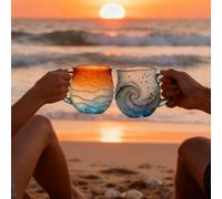 Tencipeda Golden Tide Mug, Handcrafted Sea Glass Ocean Wave Mug 12oz, Unique Sunset Frosted Glass Cup, Coastal Beach Theme Drinkware for Coffee Tea Wine, Gift for Ocean Lovers (Sunset/Ocean waves)