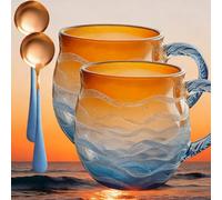 Tencipeda Golden Tide Mug, Handcrafted Sea Glass Ocean Wave Mug, Glass Ocean Wave Coffee Mugs for Coffee Tea Gift for Ocean Beach Surf Lovers (2 sets)