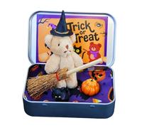 Tencipeda Halloween Teddy Bear in a Box, Halloween Bear in a Box for Trick or Treat with Hat, Blanket, Pumpkin & Cat, Handmade Plush Gift Set for Party Decor & Kids Gifts (Khaki)