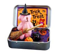Tencipeda Halloween Teddy Bear in a Box, Halloween Bear in a Box for Trick or Treat with Hat, Blanket, Pumpkin & Cat, Handmade Plush Gift Set for Party Decor & Kids Gifts (Pink)