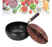 Tencipeda Japanese Cast Iron Wok with Lid, Hand Hammered Uncoated Cast Iron Pot for Gas, Induction & Electric Stoves (24cm,Wooden lid)