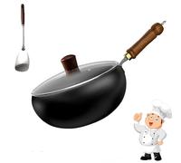 Tencipeda Jinswhdre Cast Iron Skillet, Pure Iron Nonstick Wok Hand-Forged Non-Coated Frying Pan for Gas Induction Large Capacity Spill-Proof Multi-purpose Non-Stick Pan With Lid (Glass,24CM)