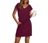 Tencipeda Summer Dresses for Women 2025 V Neck Casual Dresses Drawstring Cinched Waist with Pockets for Beach & Vacation (Wine Red,L)