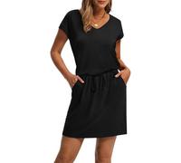 Tencipeda Summer Dresses for Women 2025 V Neck Casual Dresses Drawstring Cinched Waist with Pockets for Beach & Vacation (Black,XL)