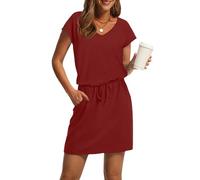 Tencipeda Summer Dresses for Women 2025 V Neck Casual Dresses Drawstring Cinched Waist with Pockets for Beach & Vacation (Red,S)
