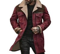Tencipeda Western Jackets for Men Vintage Suede Leather Jacket Plush Reversed Collar Warm Faux Leather Zip Up Retro Coat (Wine Red,3XL)