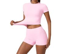 Tencipeda Women'S Yoga Sets, Plus Size Workout Sets, Two Piece Outfits for Women Fitted Crew Neck T-Shirt Booty Lifting Shorts (Pink,XL)