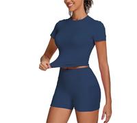 Tencipeda Women'S Yoga Sets, Plus Size Workout Sets, Two Piece Outfits for Women Fitted Crew Neck T-Shirt Booty Lifting Shorts (Blue,XL)
