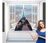 Tenda Anti Mosche 146 x 106 cm, Magnetica, Chiusura Automatica, Senza Foratura, Rete Fine, Zanzariera per Finestra Piccola per Porta Finestra Balcone, Bianco