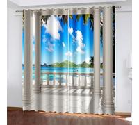 Tenda boheme oscurante, tenda soggiorno blu verde paesaggio di balcone sul mare poliestere Set di 2 204 x 214 cm