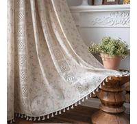 Tenda Boho 1 Pezzi,Tenda Cotone/Lino con Stampa Floreale Beige/Avorio & Frange,Tendaggi Filtraggio Luce per Camera/Soggiorno,Tasca per Asta Stile Country Chic,150 x 300 cm