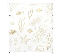 Tenda Cabana da spiaggia con disegno a linea, oceano, meduse, stelle marine, oro, bianco, protezione UPF50+, impermeabile, grande riparo dal sole include pala di sabbia, sacchi di sabbia, pali di