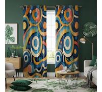 Tenda con motivo a cerchi astratti vibranti, design geometrico blu e giallo, moderna e artistica, decorazione eclettica per la casa (LxA/2x100x150 cm)