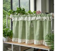 Tenda corta moderna, verde, confezione da 1 tendine da 60 cm di altezza, da cucina, semi-oscuranti, in cotone e lino, moderne, a quadretti, con volant in pizzo, per soggiorno, in campagna, per