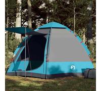 Tenda da campeggio per 4 persone, blu con sistema a sgancio rapido, tenda impermeabile per avventure all'aperto, con aste lunghe per tettuccio parasole e pratica connessione elettrica, leggera