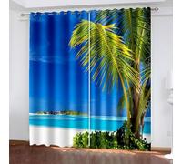 Tenda da cucina non trasparente, tenda da camera adulta, blu verde, paesaggio spiaggia e foglie di palma, in poliestere, 2 pannelli, 304 x 274 cm