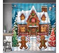 Tenda da Doccia 240X180 Natalizia,Omino di Pan di Zenzero con Bastoncini,Baita Nella Foresta di Caramelle,Decorazione per Il Bagno per Le Vacanze invernali,Tenda da Bagno Lavabile Ad Asciugatura Rapi