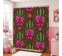 Tenda da doccia a forma di cactus, stile bohémien, con rose tropicali e fiocco, lavabile, con ganci, per casa, bagno, hotel, 183 x 198 cm